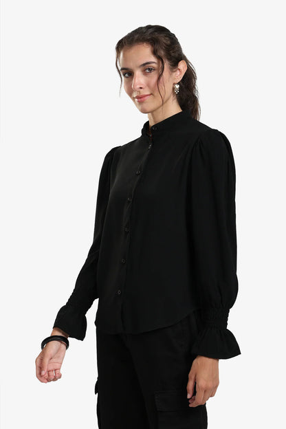 Polyester Solid Long Sleeve Shirt – Black