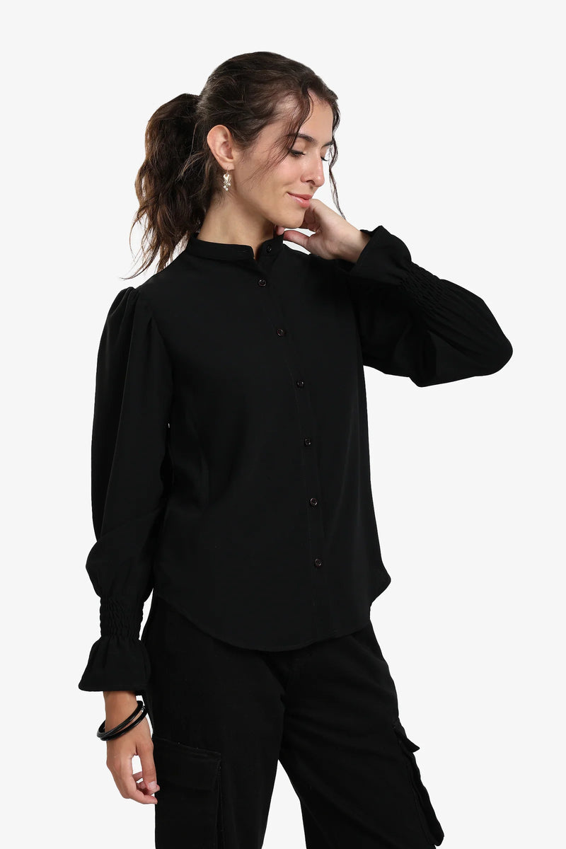 Polyester Solid Long Sleeve Shirt – Black
