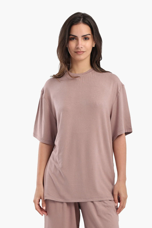 Viscose Blend Solid Oversized Lounge T-Shirt – Dusty Rose Brown