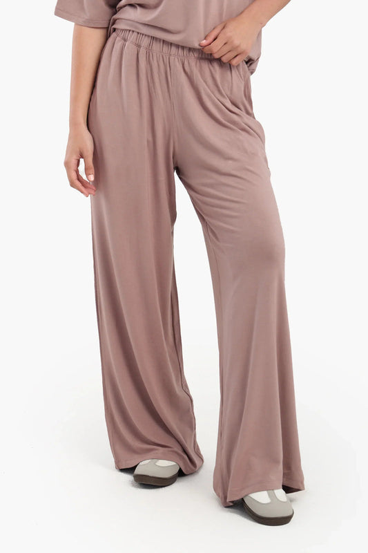 Viscose Blend Solid Wide-Leg Lounge Pants – Dusty Rose Brown