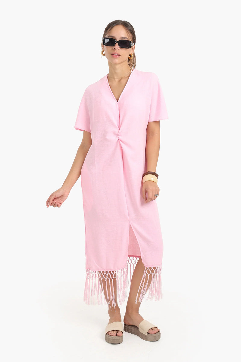 Tencel Solid Dress with Fringes Detail - Pink
