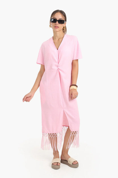 Tencel Solid Dress with Fringes Detail - Pink
