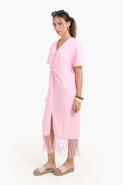 Tencel Solid Dress with Fringes Detail - Pink