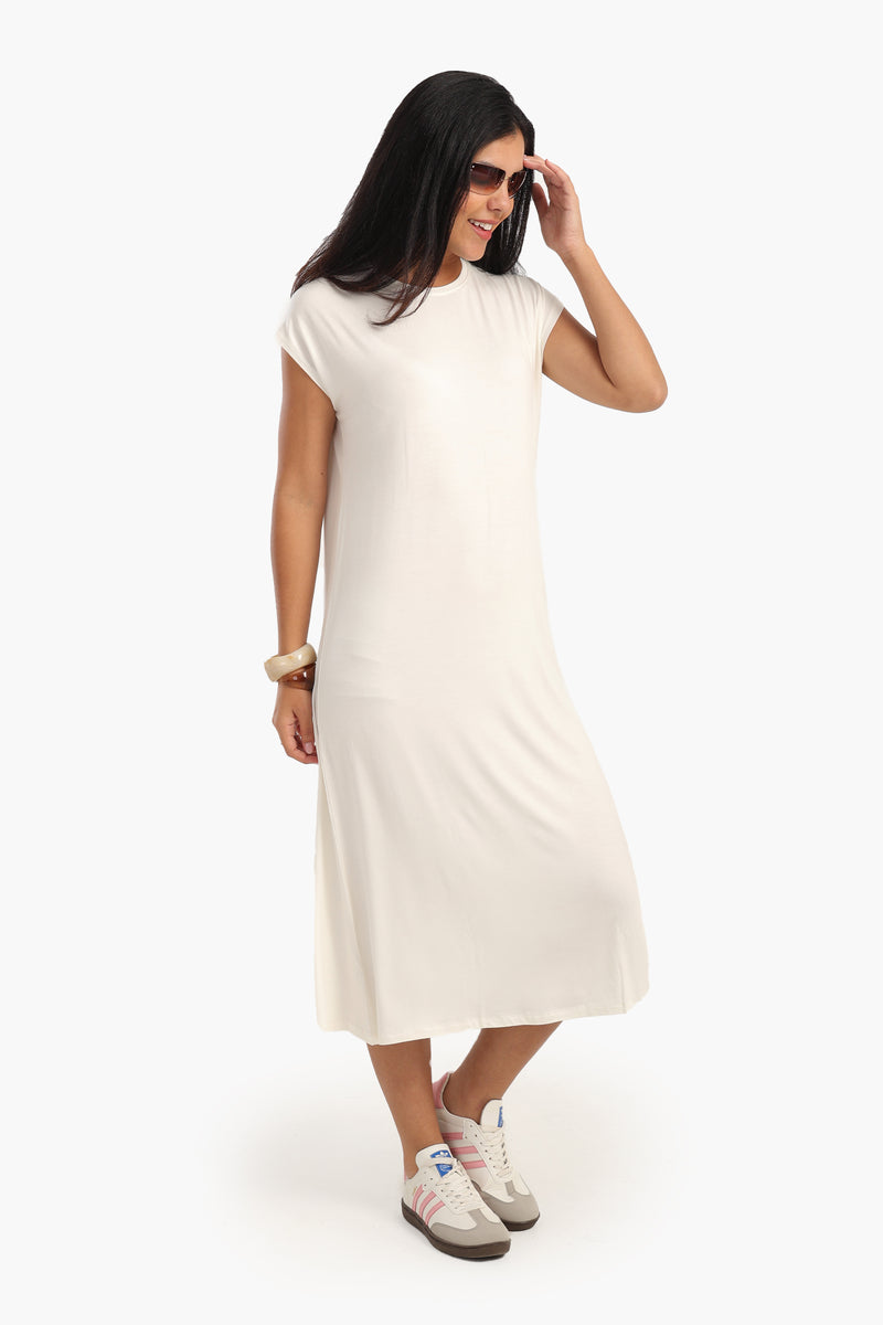 Viscose Solid Midi Dress - White