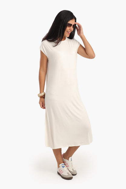 Viscose Solid Midi Dress - White