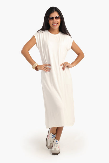 Viscose Solid Midi Dress - White