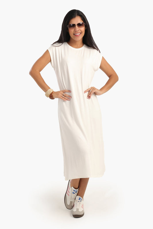Viscose Solid Midi Dress - White