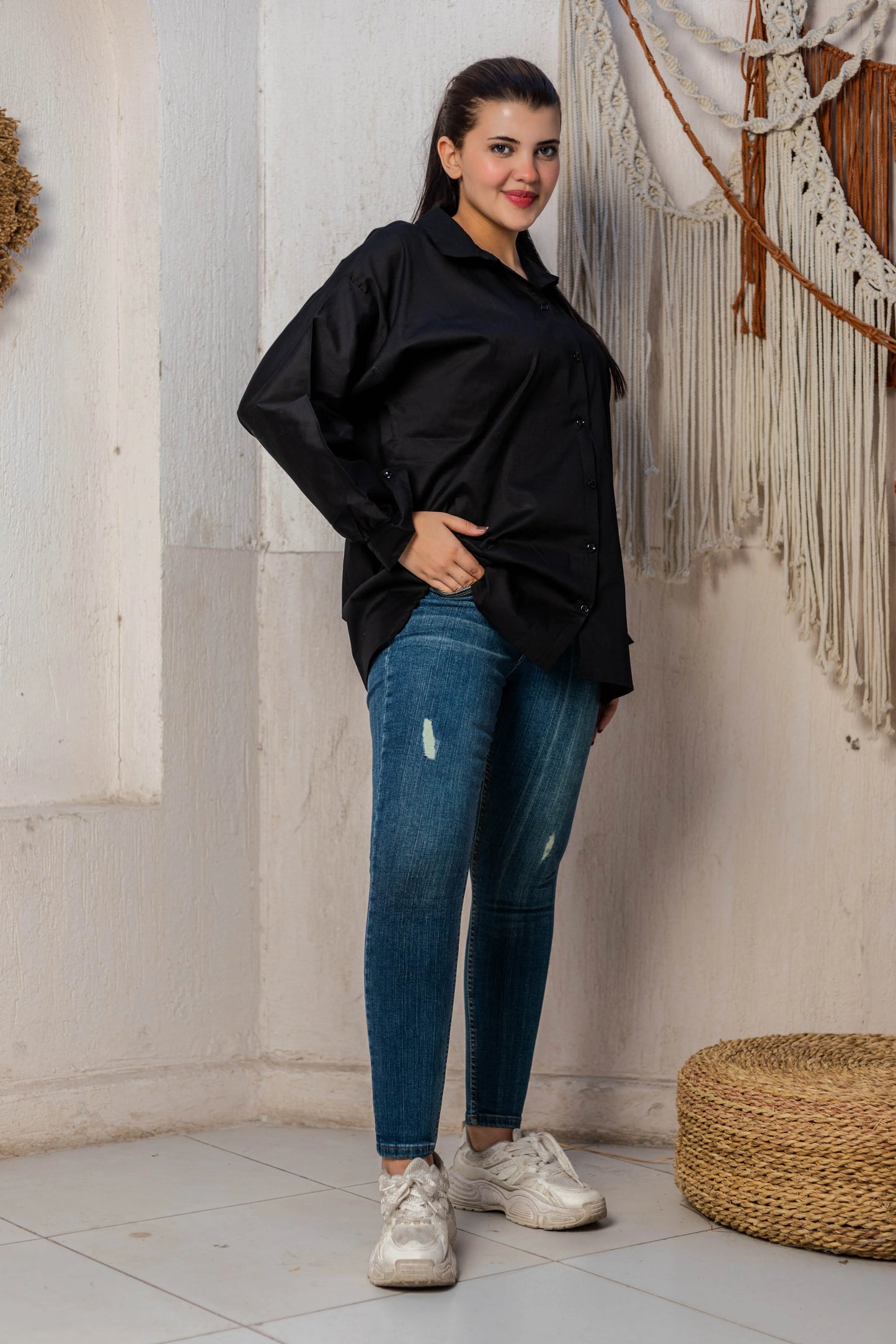 Cotton Long Puff Sleeve Shirt - Black