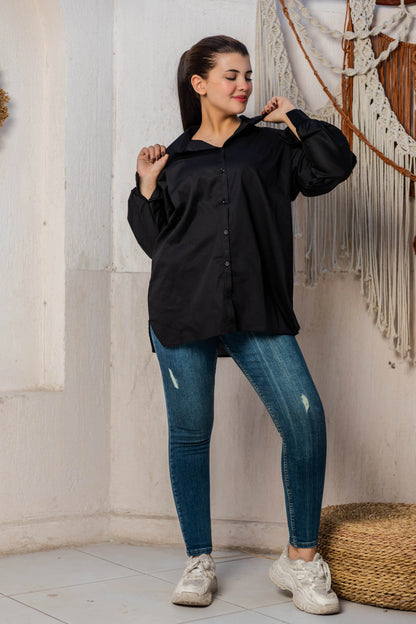 Cotton Long Puff Sleeve Shirt - Black