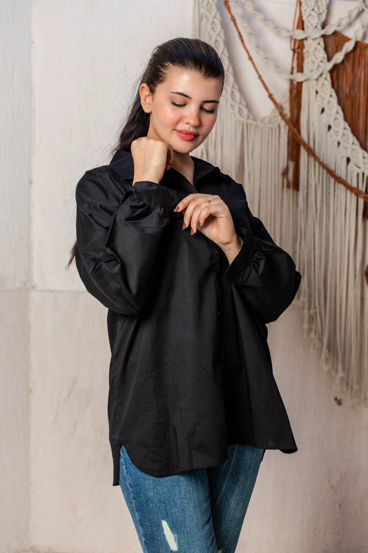 Cotton Long Puff Sleeve Shirt - Black