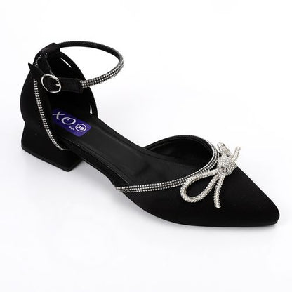 Satin Pointed Bow Low-Heel Pump - Black