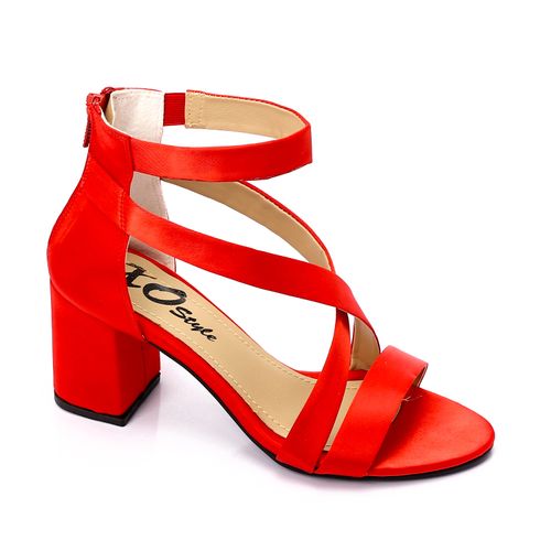 Satin Block Heel Sandals - Red