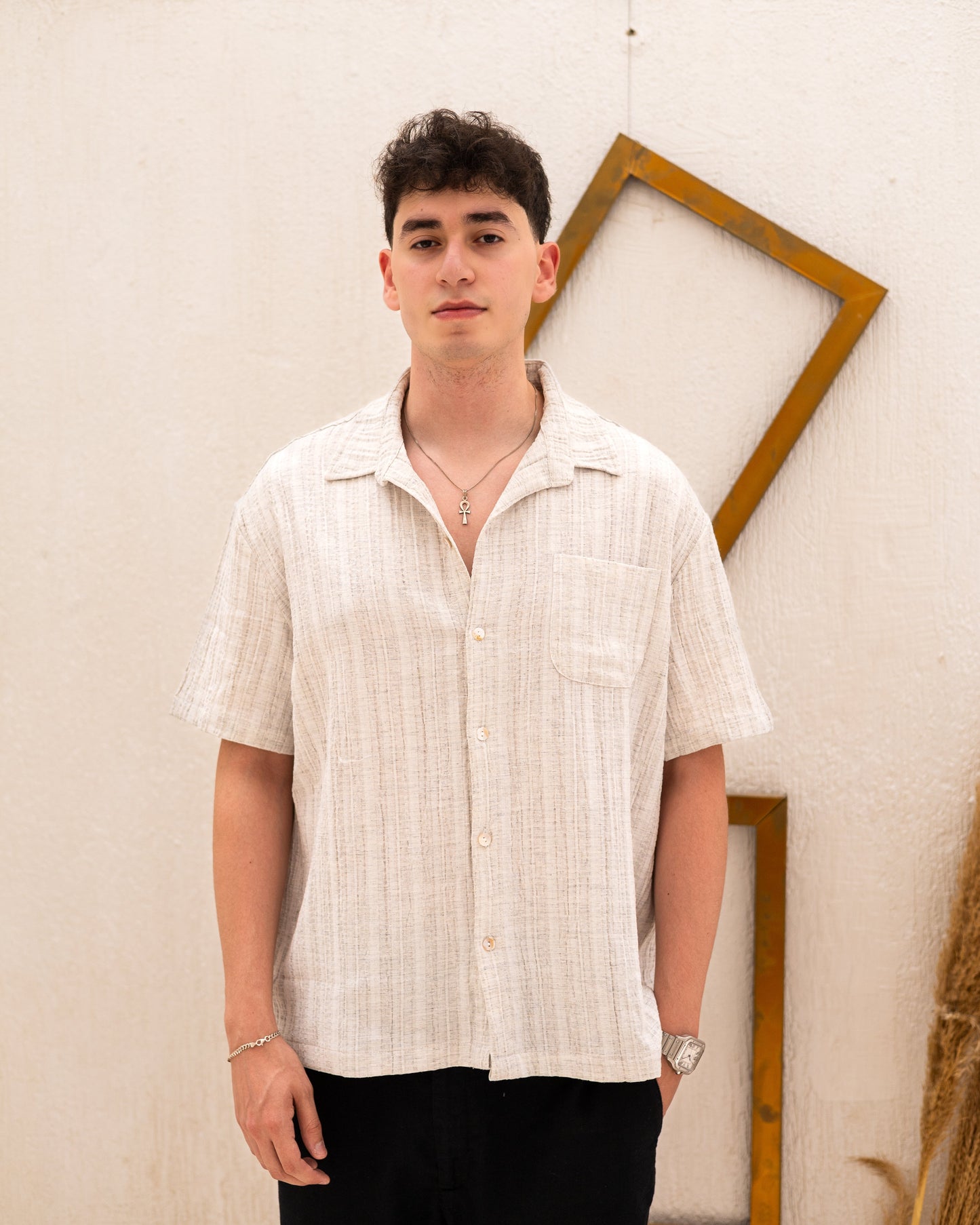 Linen Textured Short Sleeve Shirt - Beige