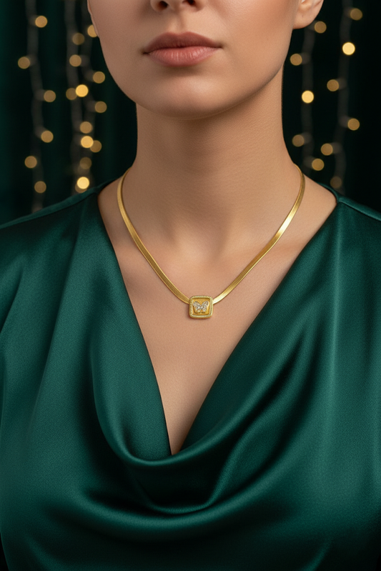 Stainless Steel Square Crystal Butterfly Pendant Necklace – Gold