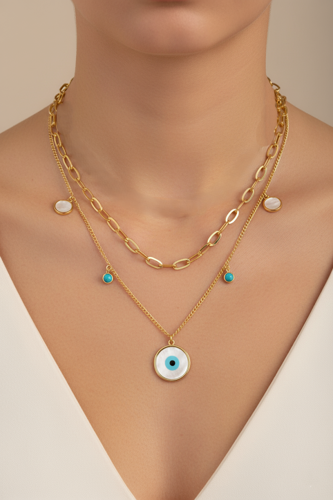 Stainless Steel Layered Evil Eye Charm Necklace Stones – Gold