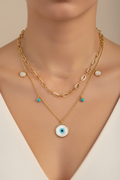 Stainless Steel Layered Evil Eye Charm Necklace Stones – Gold