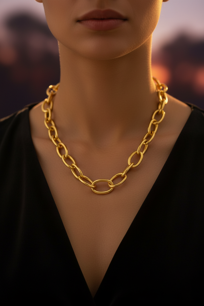 Zinc Alloy Interlocking Oval Link Chain Necklace – Gold