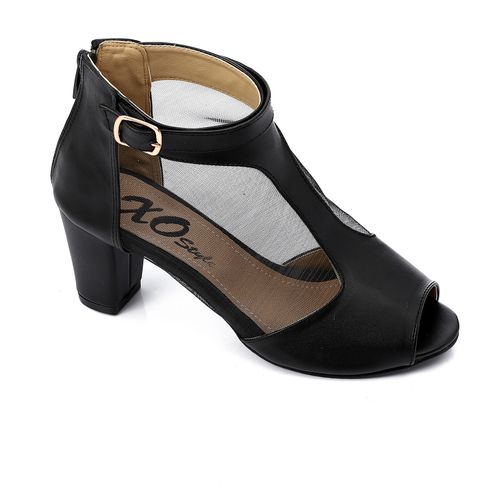 Faux Leather T-Strap Block Heel Sandals - Black