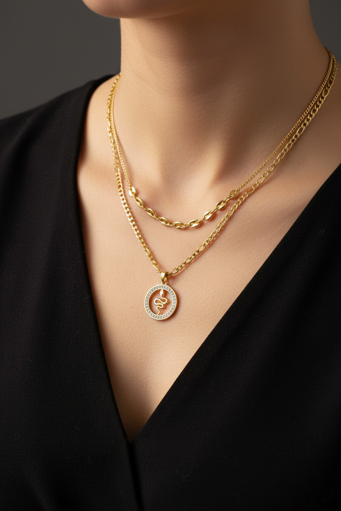 Stainless Steel Layered Snake Pendant Necklace – Gold