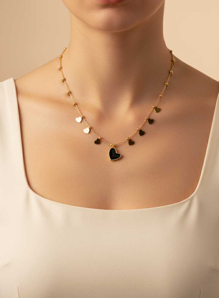 Stainless Steel Heart Pendant Necklace with Black Charm – Gold