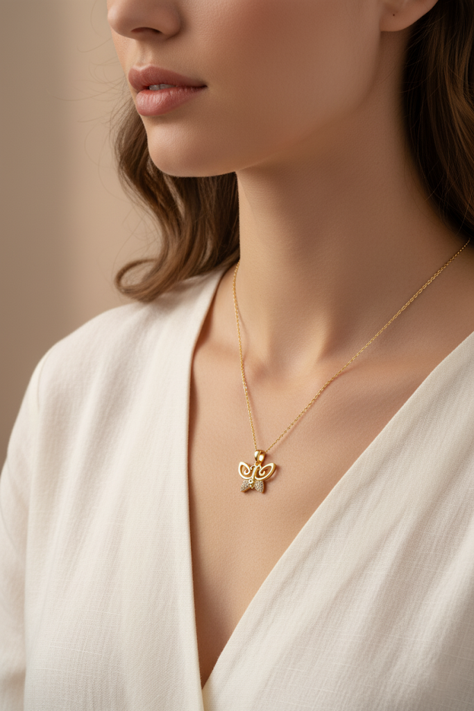 Stainless Steel Crystal Butterfly Pendant Necklace – Gold