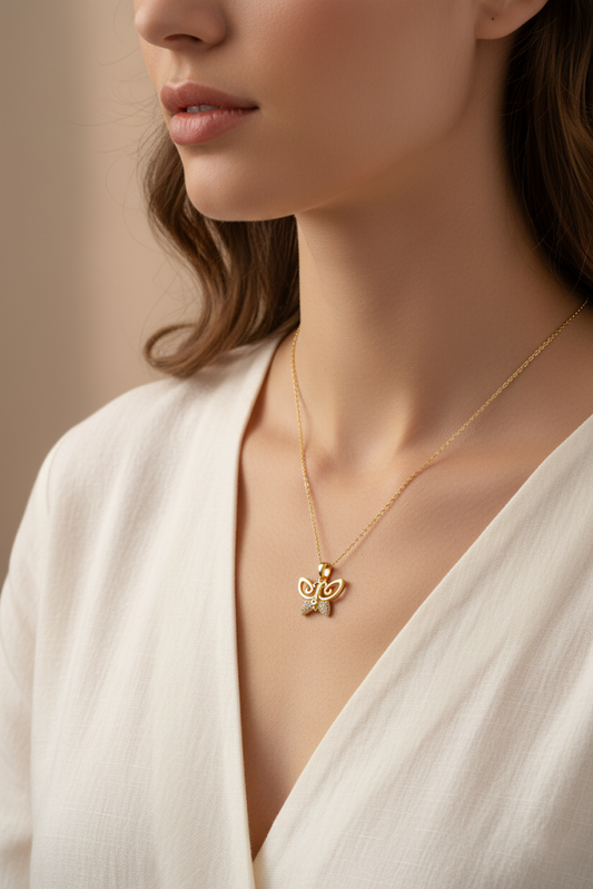 Stainless Steel Crystal Butterfly Pendant Necklace – Gold