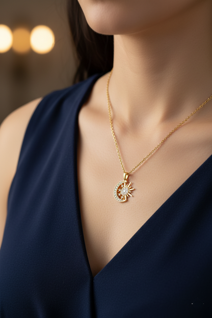 Stainless Steel Sun and Moon Pendant Necklace – Gold
