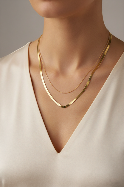 Stainless Steel Layered Flexible Flat Necklace – Gold