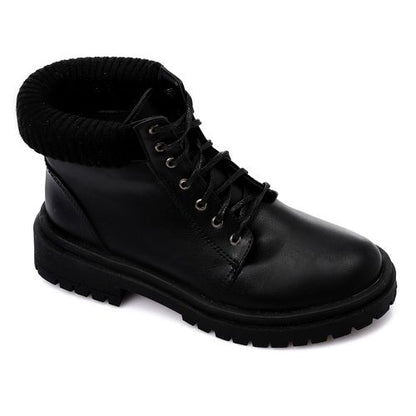 Faux Leather Ankle Combat Boots – Black