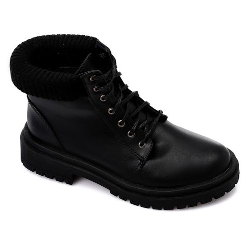 Faux Leather Ankle Combat Boots – Black