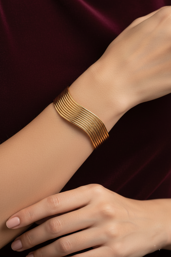 Stainless Steel Wavy Multi-Strand Cuff Bracelet - Gold