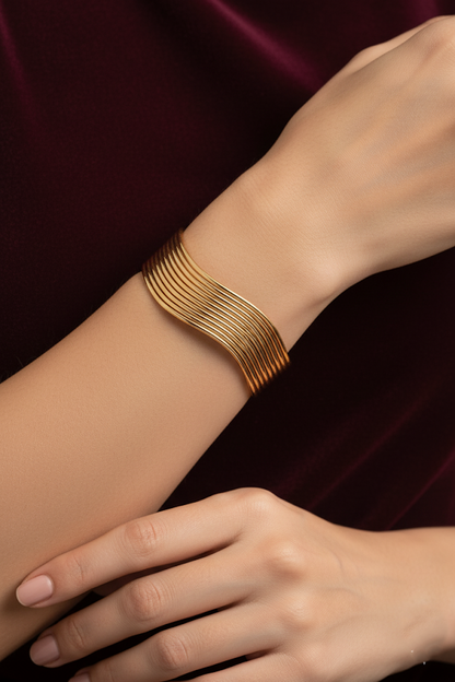 Stainless Steel Wavy Multi-Strand Cuff Bracelet - Gold