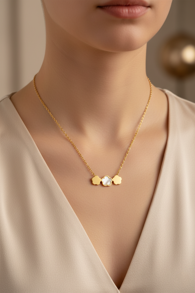 Stainless Steel Triple Cloud Pendant Necklace – Gold Tone