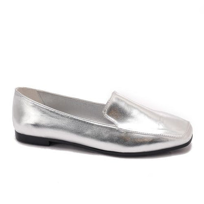 Faux Leather Metallic Slip-On Loafers – Silver