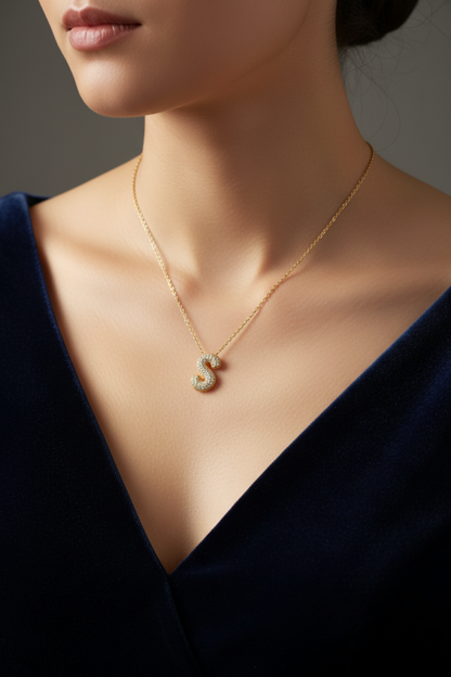 Stainless Steel Crystal Letter S Pendant Necklace – Gold