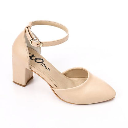 Faux Leather D'Orsay Ankle Strap Block Heels - Beige