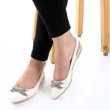Faux Leather Embellished Slingback Flats – White