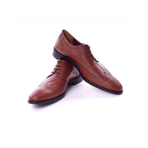 Leather Perforated Lace-Up Oxford Shoes - Tan