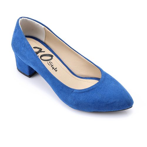 Suede Block Heel Pumps - Blue