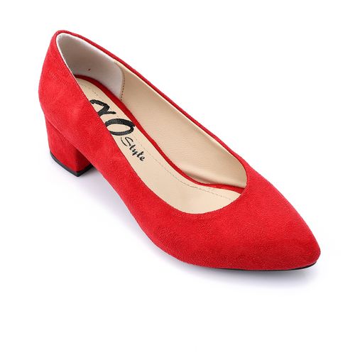 Suede Block Heel Pumps - Red