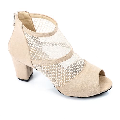 Faux Suede Mesh Peep-Toe Block Heel Sandals – Beige