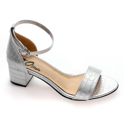 Faux Leather Ankle Strap Block Heel Sandals – Silver