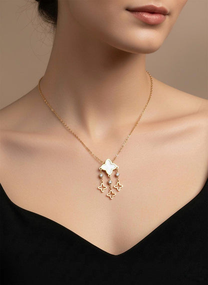 Stainless Steel Clover & Floral Pendant Necklace – Gold