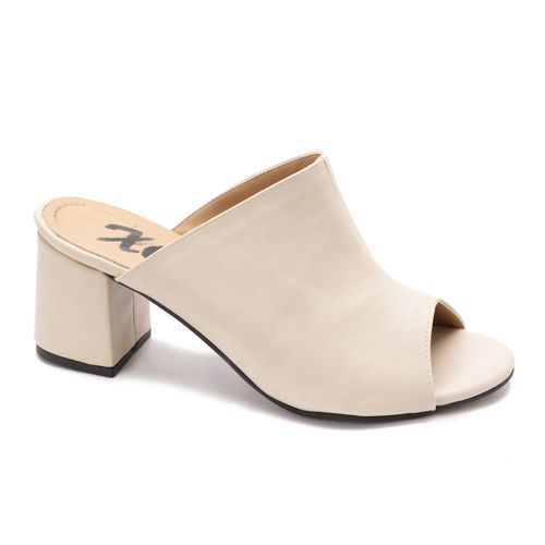 Peep-Toe Block Heel Mules - Light Beige
