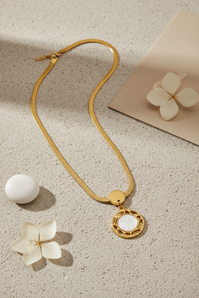 Stainless Steel Circular Pendant Necklace with Shell Stone – Gold