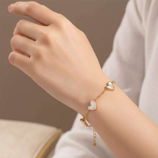 Stainless Steel White Heart Charm Bracelet – Gold