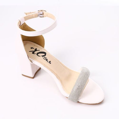 Faux Leather Diamante Ankle Strap Sandals - White
