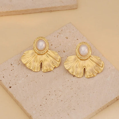 Gold-Plated Ginkgo Leaf Earrings with Pearl