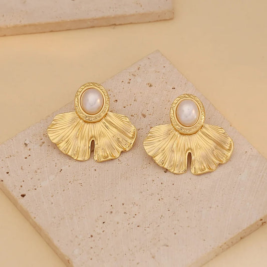 Gold-Plated Ginkgo Leaf Earrings with Pearl