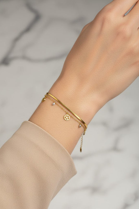 Stainless Steel Layered Snake Chain & Charm Bracelet – Gold